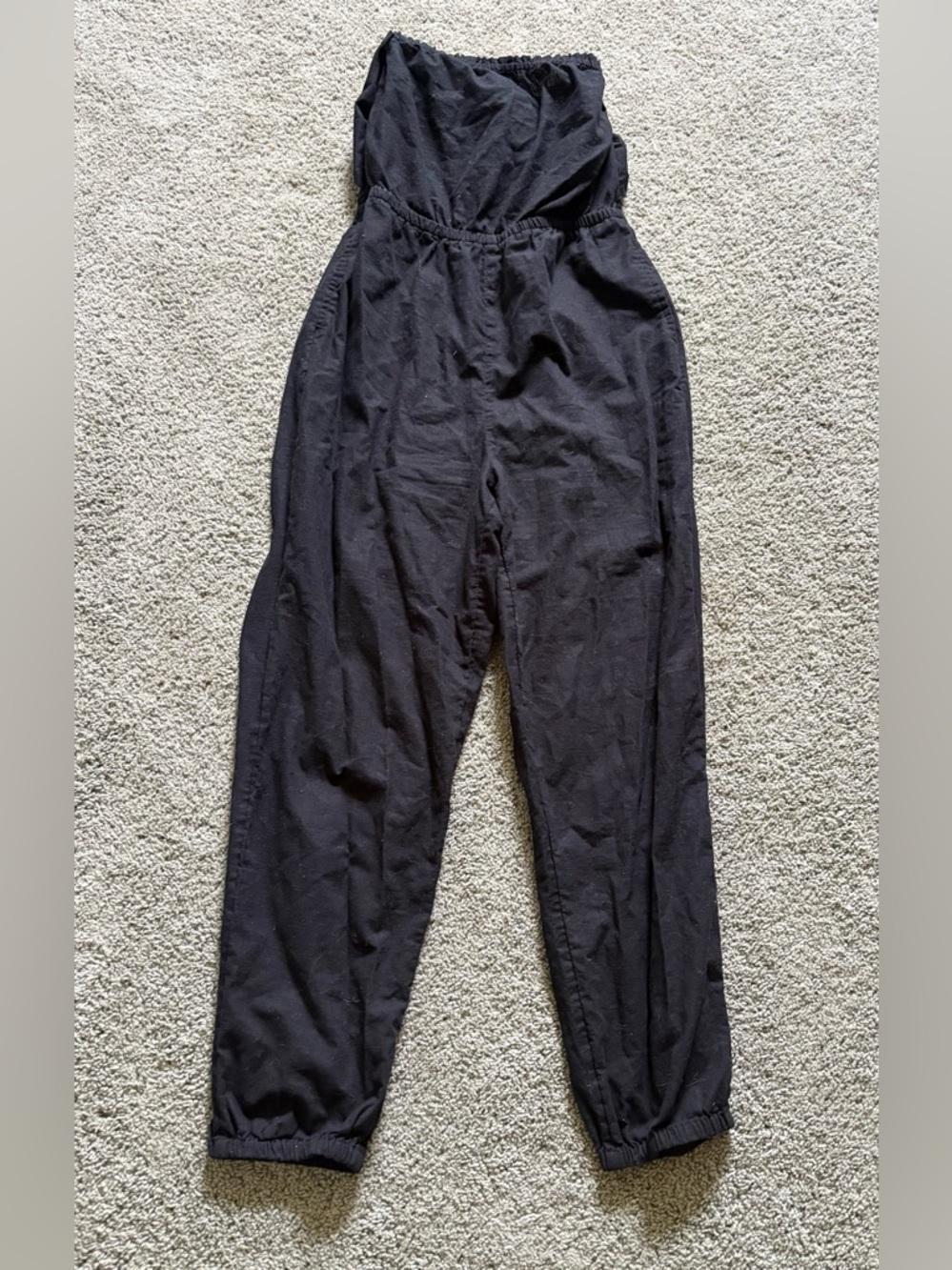 Aerie Black Strapless Jumpsuit Sz M Cotton Gauzey Smocked Back Pockets Tie Back